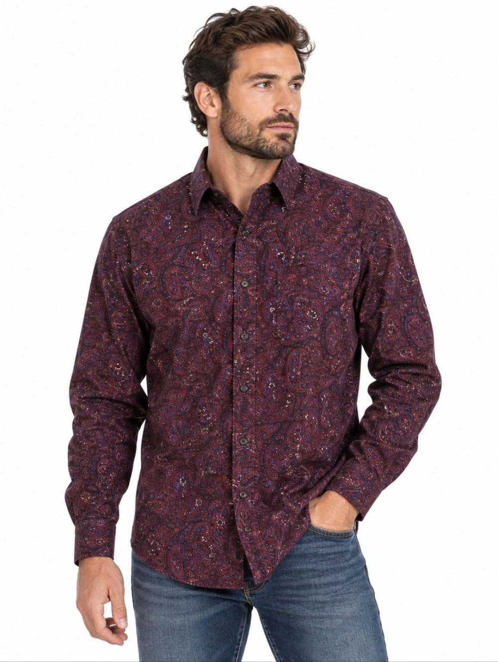 Cody James Core Shirt L Burgundy Paisley Stretch Cotton Western Button Down
